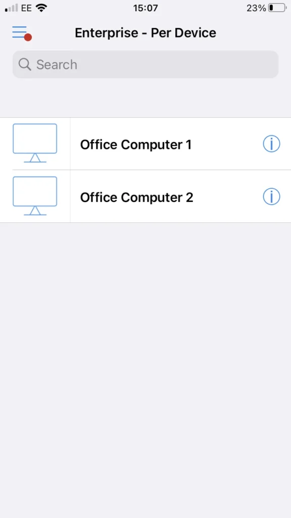 RealVNC Viewer on iPhone showing the Mac listed as a remote connection