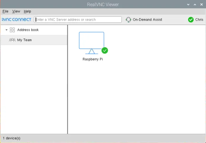 RealVNC Viewer showing a Raspberry Pi listed as a remote connection