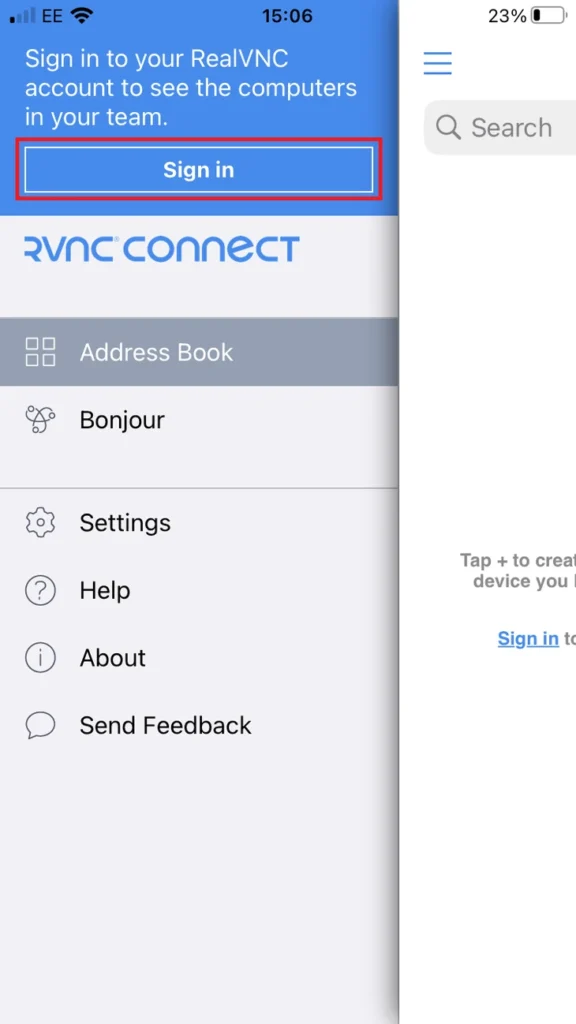 Signing in to RealVNC Viewer on iPhone to access a Mac remotely