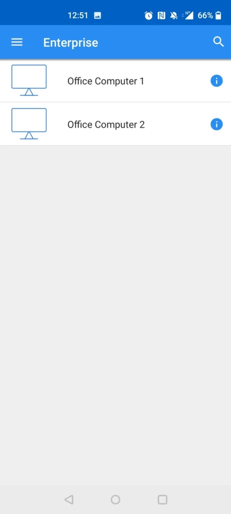 RealVNC Viewer on Android showing the Mac listed as a remote connection