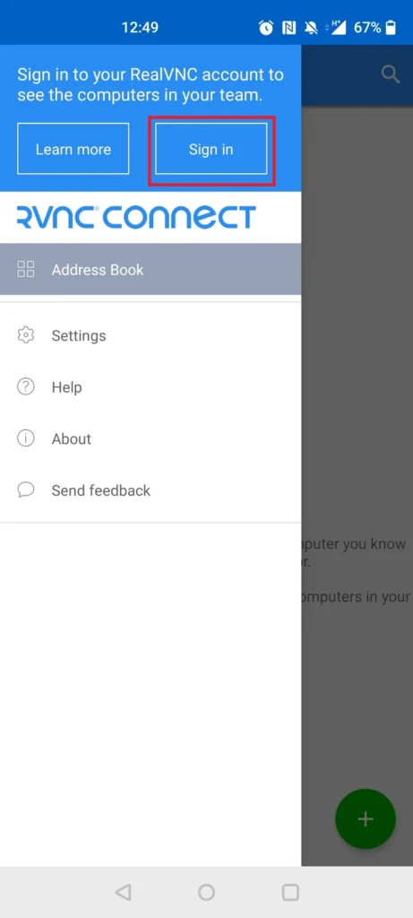 Signing in to RealVNC Viewer on Android to access a Mac remotely