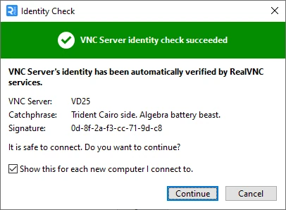 RealVNC Viewer Identity Check screen shown when connecting to a remote computer for the first time