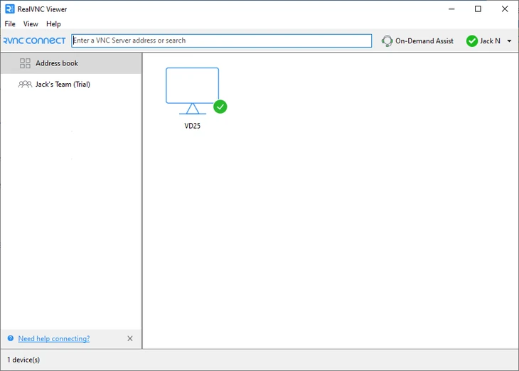 RealVNC Viewer on Windows showing the Mac listed as a remote connection