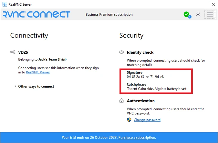 RealVNC Server dashboard showing the Catchphrase and Signature used for identity verification