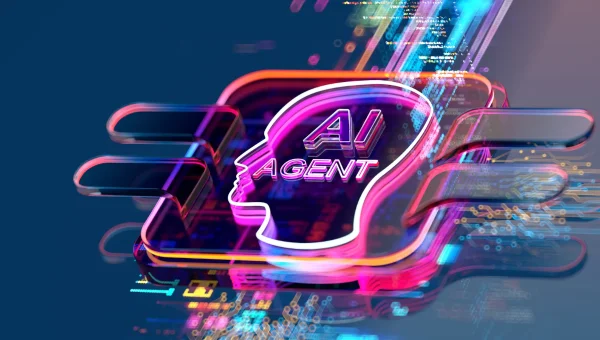 Neon AI agent head hologram rising from a circuit board