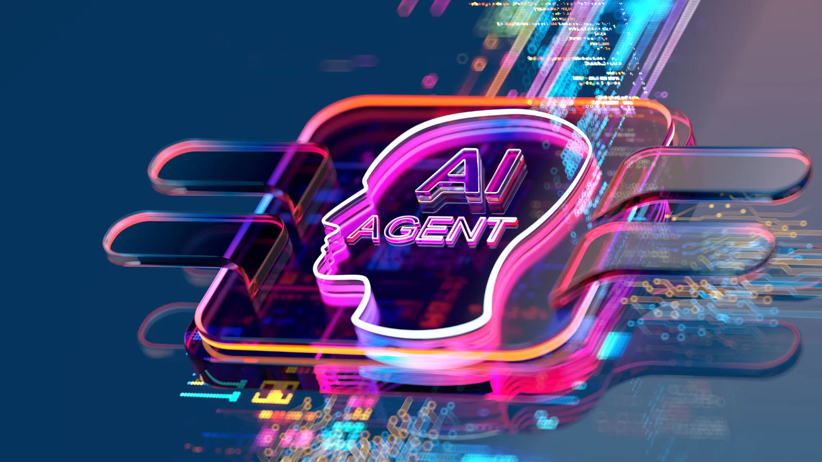 Neon AI agent head hologram rising from a circuit board
