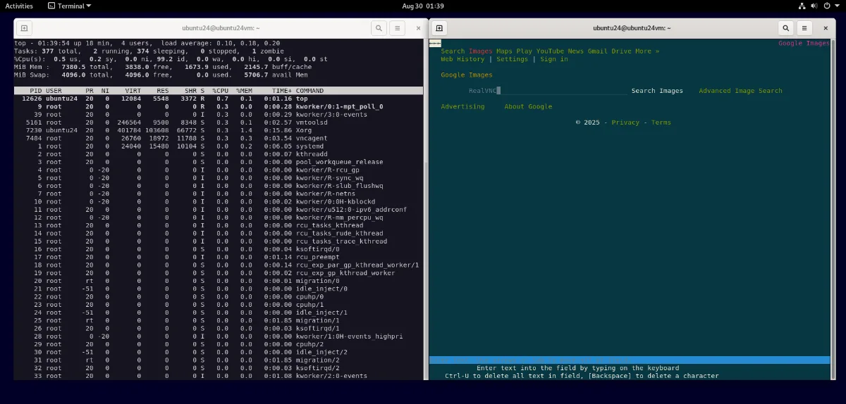 Debian 12 desktop with two SSH sessions active displaying top and lynx