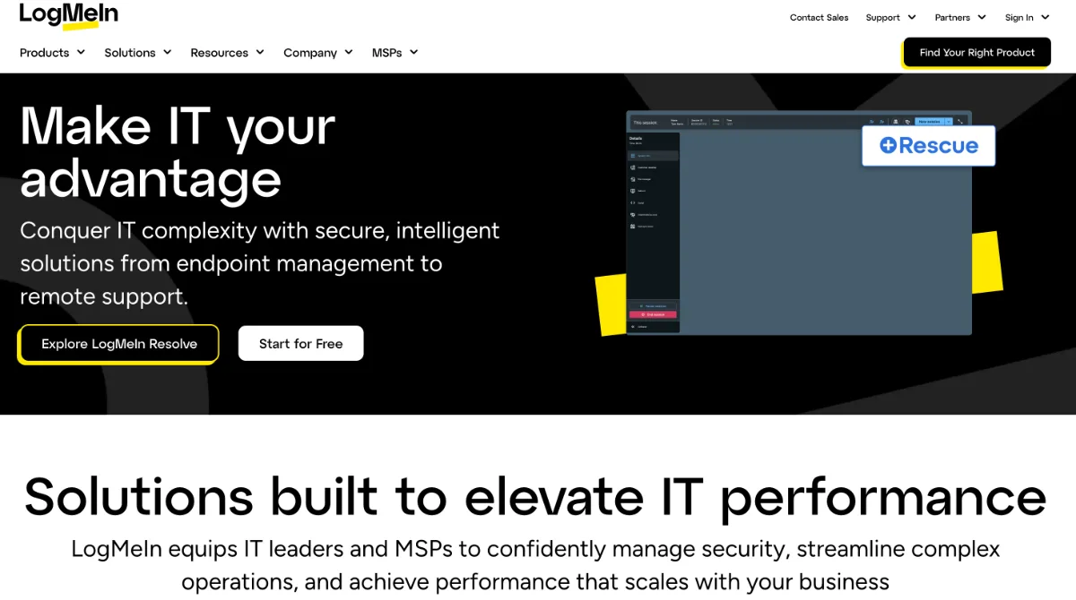 LogMeIn homepage with the headline Make IT your advantage