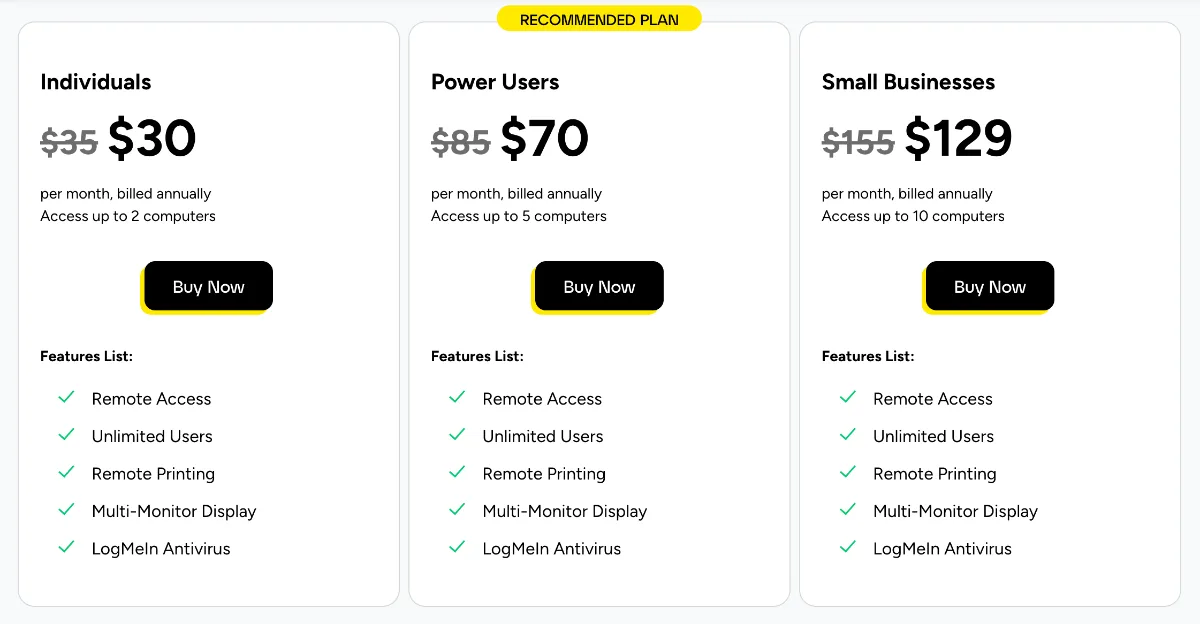 LogMeIn Pro pricing plans for Individuals, Power Users, and Small Businesses