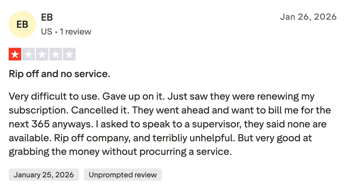 One-star Trustpilot review of LogMeIn describing problems cancelling a renewed subscription