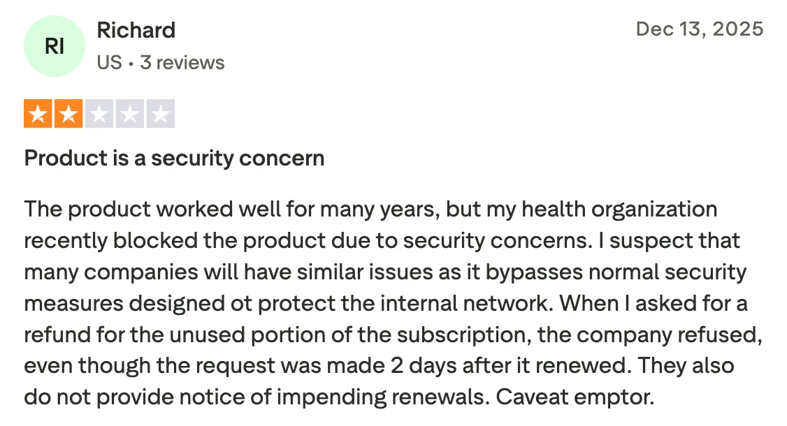 Two-star Trustpilot review of LogMeIn titled Product is a security concern