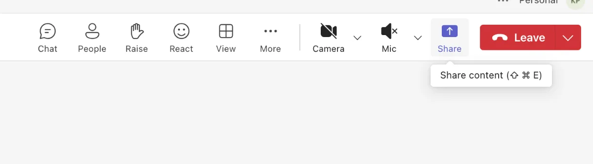 Microsoft Teams meeting toolbar with the Share content button highlighted