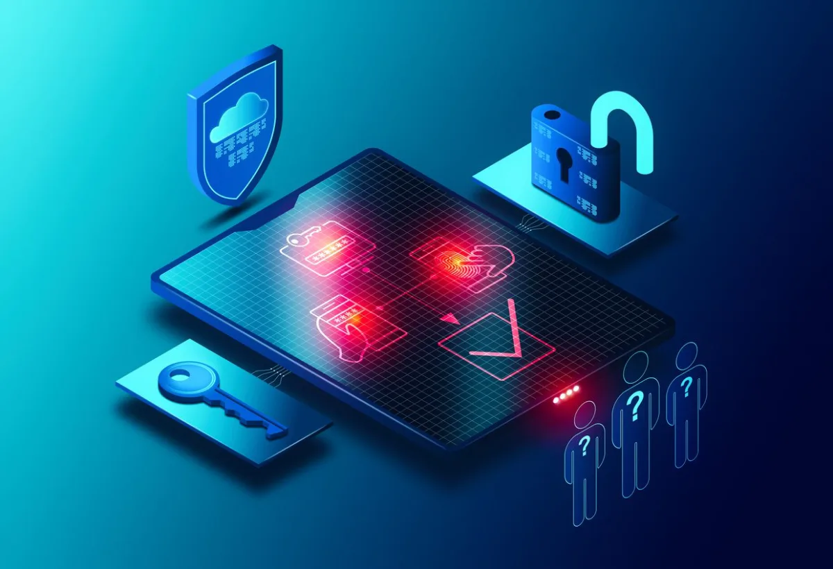Illustration of a tablet with a security shield, padlock and login icons representing authentication methods