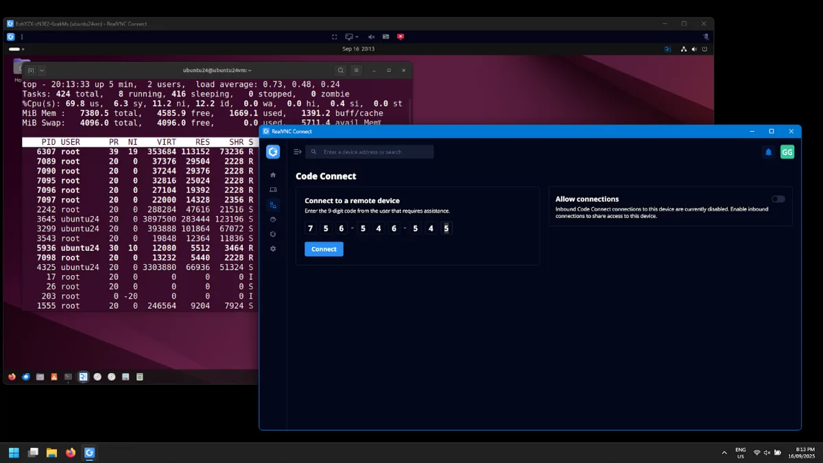 RealVNC Connect Code Connect code entered with an Ubuntu remote session