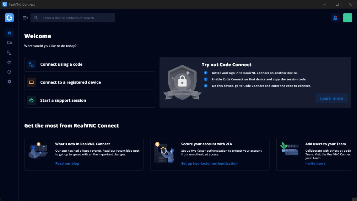 RealVNC Connect running in dark mode showing the welcome tab