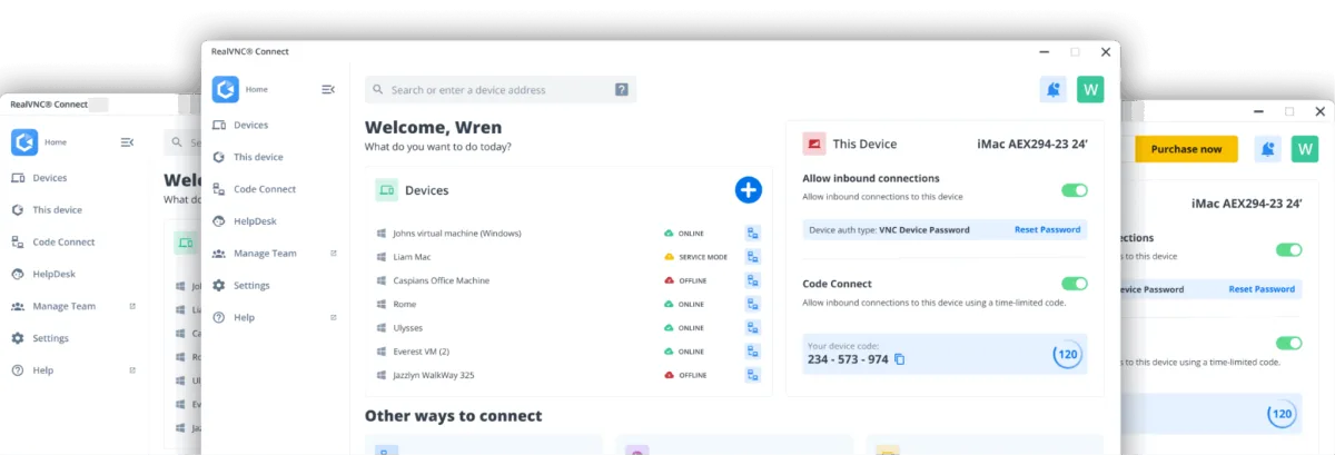 RealVNC Connect dashboard showing remote devices and connection options