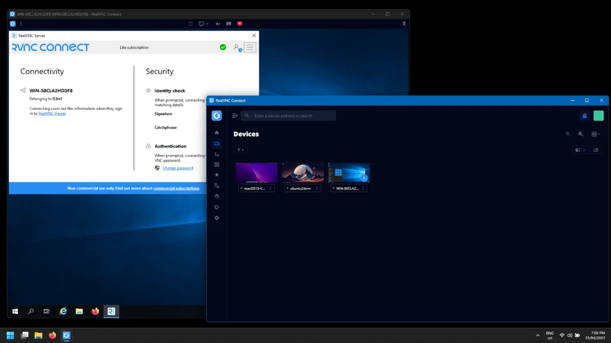RealVNC Connect device management tab and a remote session to a Windows Server 2019 instance