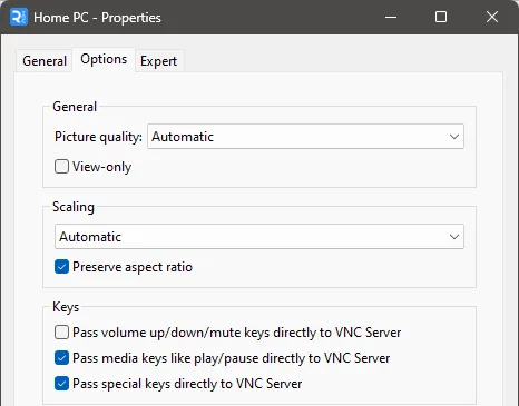 RealVNC Connect connection properties showing picture quality and scaling options