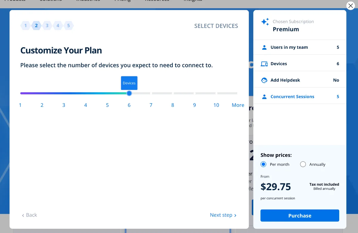 RealVNC Connect pricing calculator for customizing a plan by number of devices