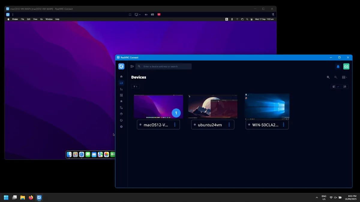 RealVNC Connect application and a remote session to a macOS desktop