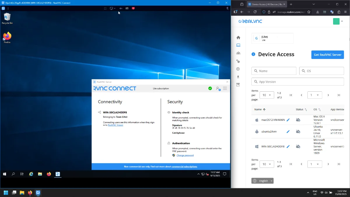 A RealVNC Connect session showing the RealVNC Cloud console