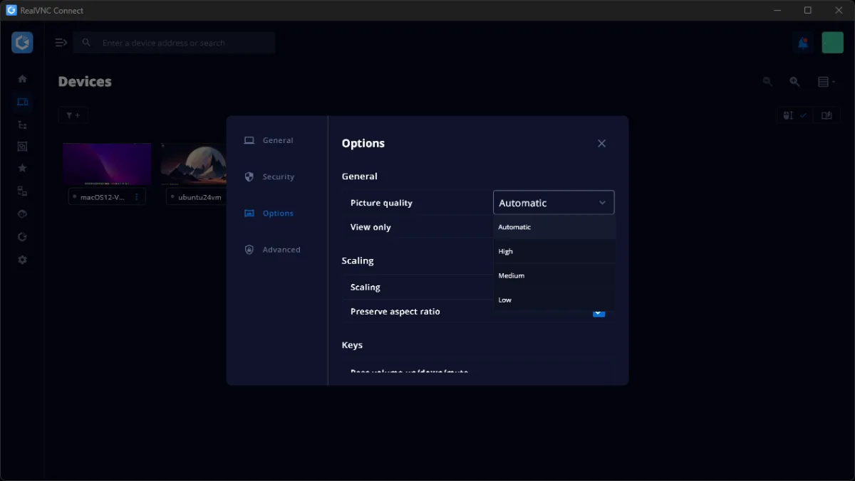 RealVNC Connect security options tab on the viewer