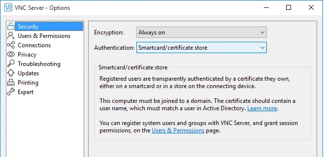 RealVNC Server Options security settings with smartcard and certificate store authentication