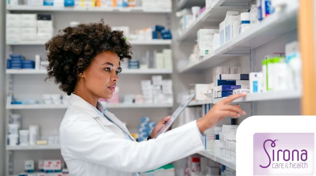 Sirona Care & Health logo beside a healthcare professional using a tablet in a pharmacy