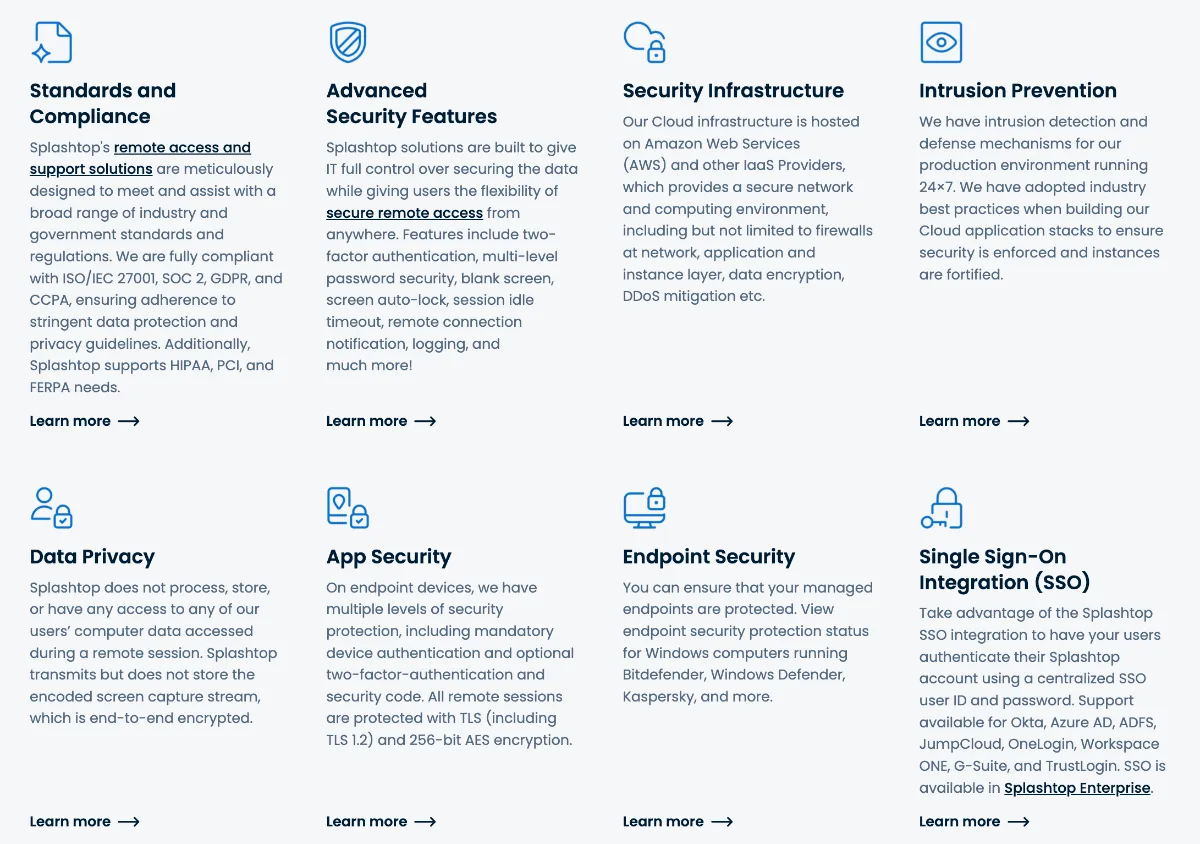 Splashtop security features including standards and compliance, advanced security features, security infrastructure, intrusion prevention, data privacy, app security, endpoint security, and single sign-on