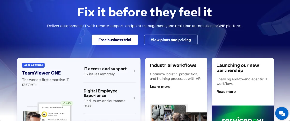 TeamViewer homepage with the headline Fix it before they feel it