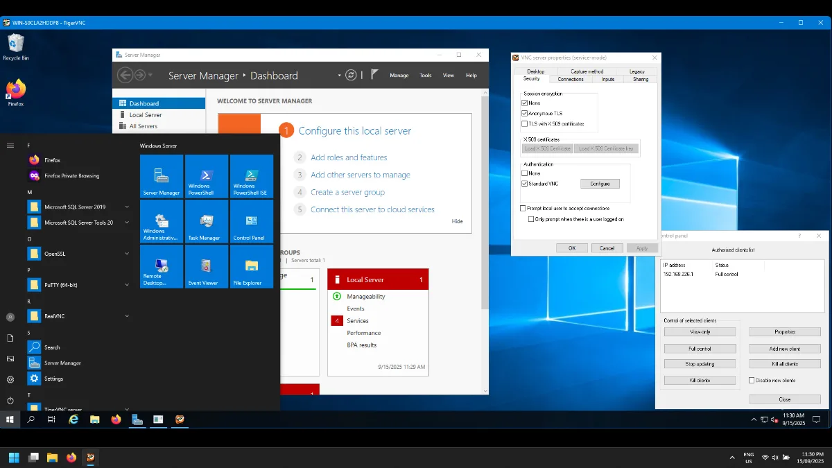 A TigerVNC session between Windows 11 and Windows Server 2019