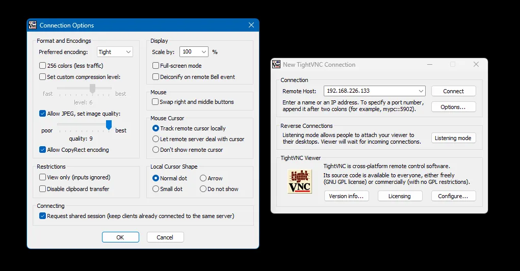 TightVNC performance and image quality settings menu