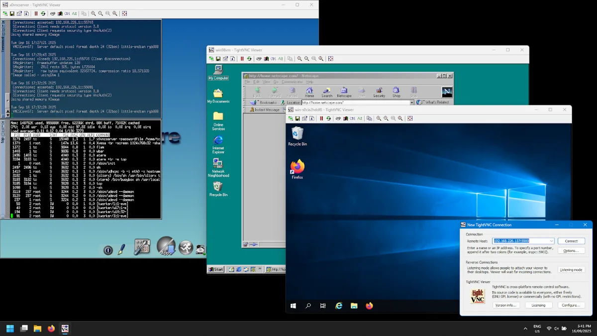 Linux, Windows 98 SE, and Windows Server 2019 VNC sessions with TightVNC
