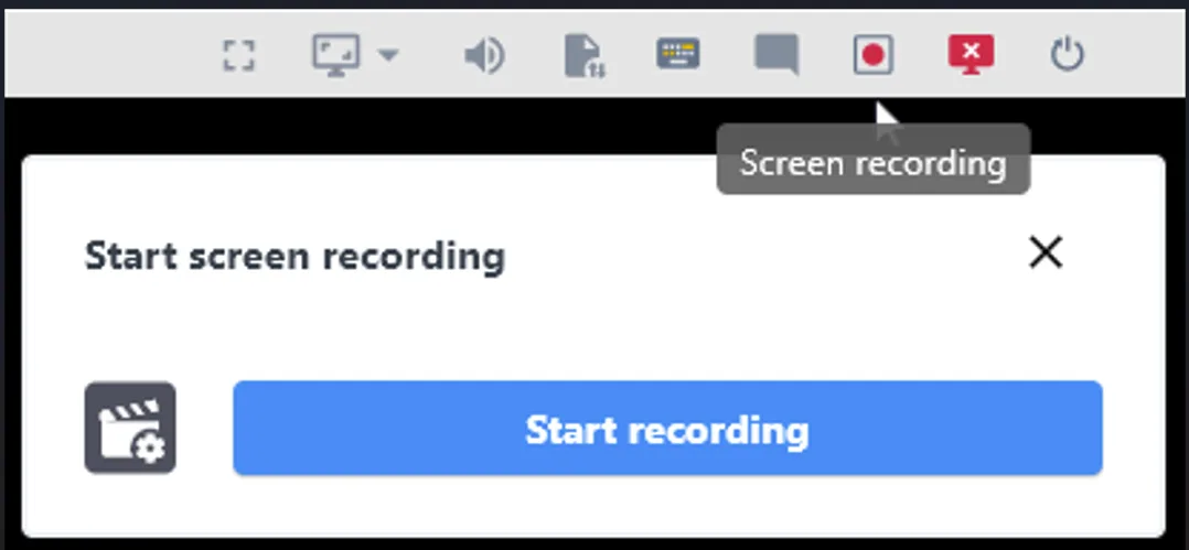 Start screen recording dialog opened from the Screen recording button on the RealVNC Connect toolbar