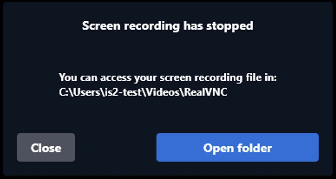 Screen recording has stopped notification showing the recording file location with Close and Open folder buttons
