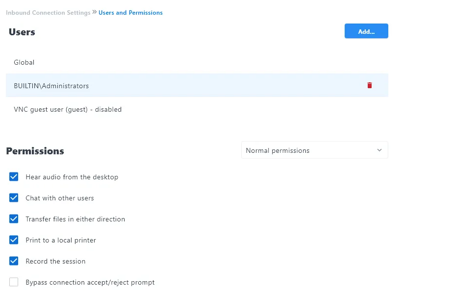 RealVNC Connect Users and Permissions settings with the Record the session permission enabled for a user group