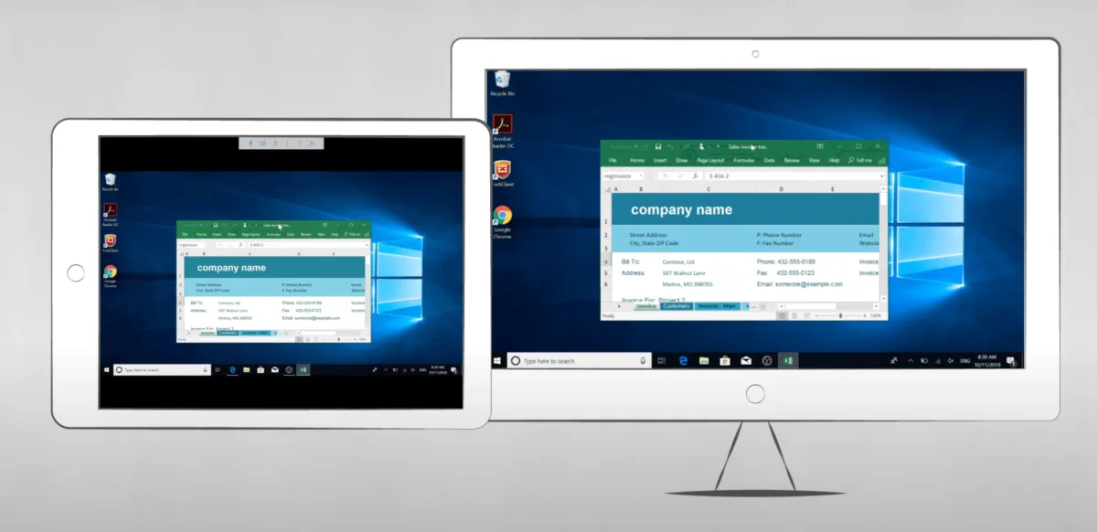 Laptop and desktop monitor showing the same Windows desktop through VNC screen sharing
