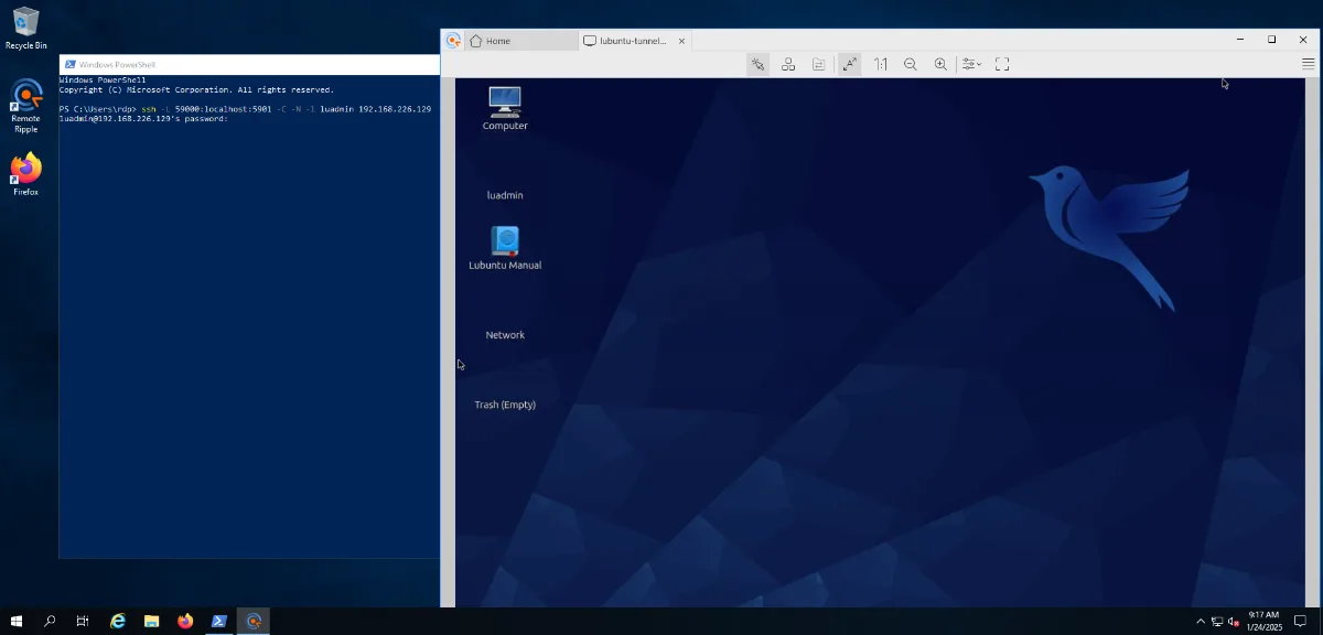 Windows Server 2019 with an SSH-forwarded VNC session to a Debian desktop