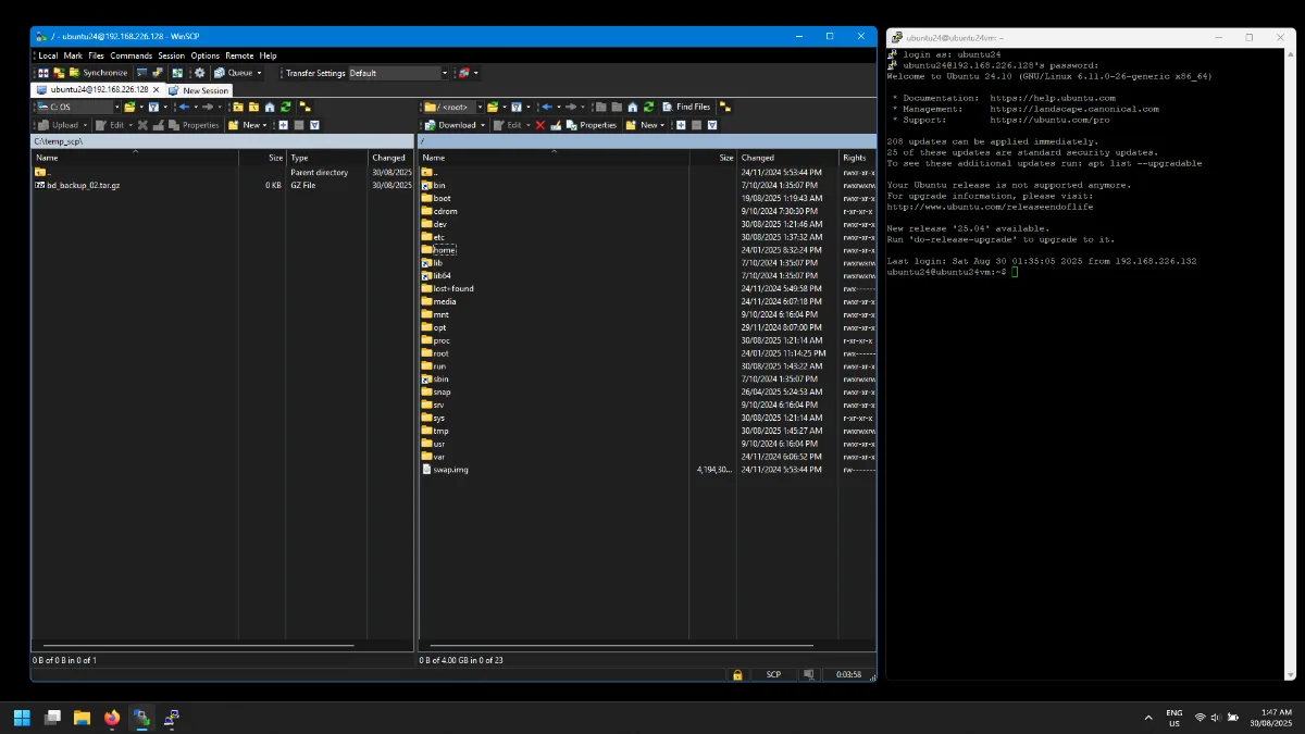 WinSCP and PuTTY sessions connected to a Linux VM